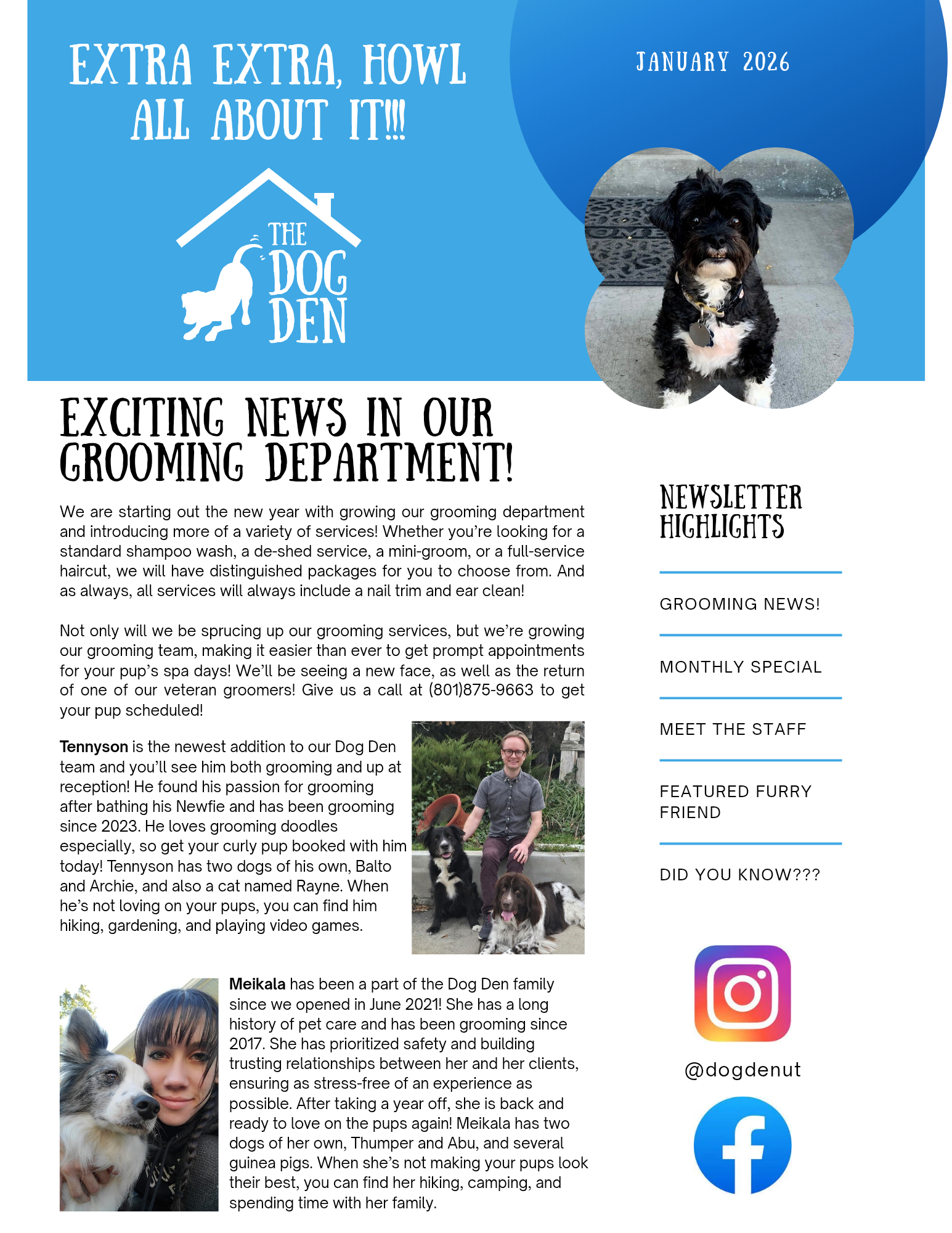 January 2026 Dog Den newsletter page 1: exciting news in our grooming department
