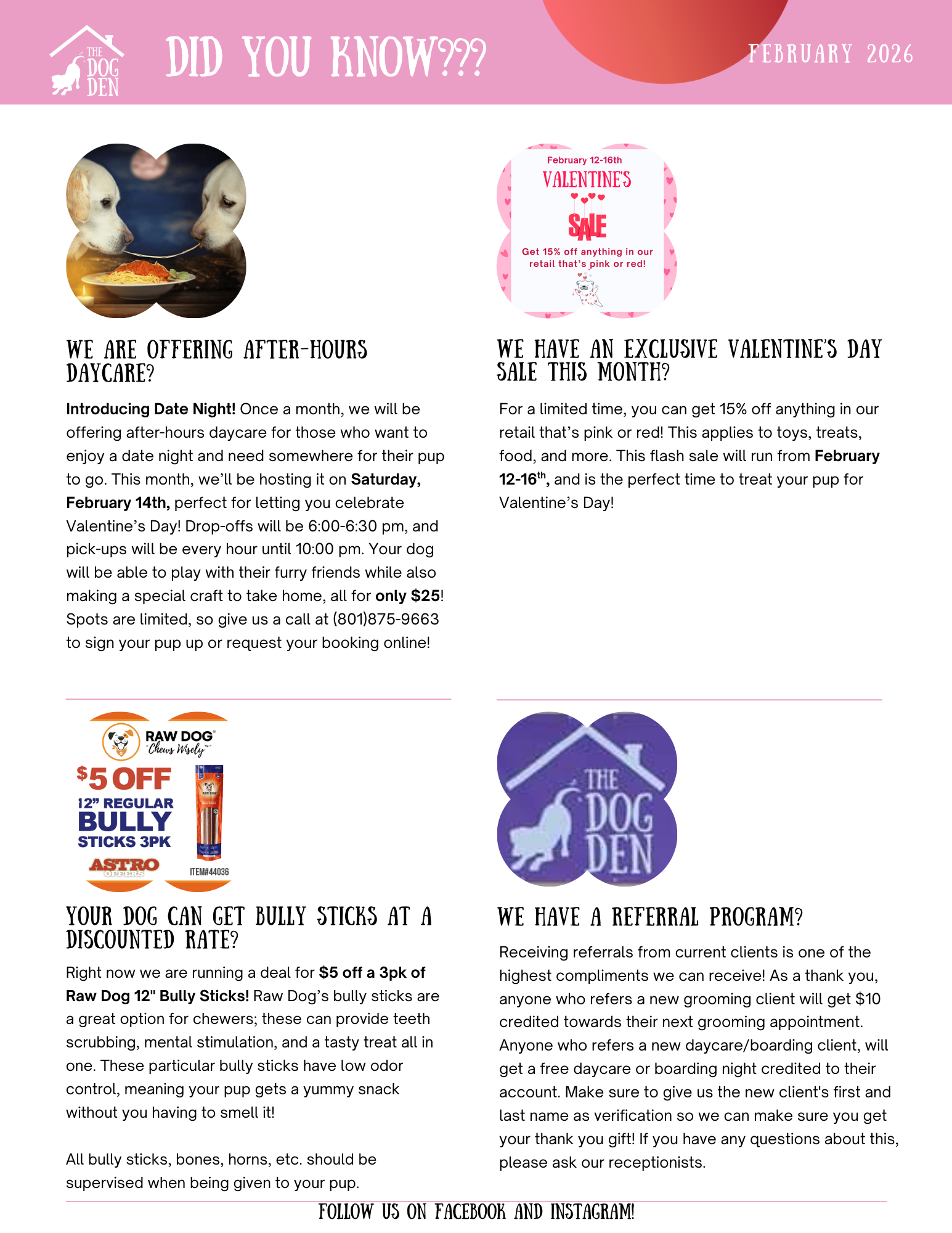 February 2026 Dog Den newsletter page 3: did you know, Valentine's Date Night, flash sale, bully stick deal, referral program