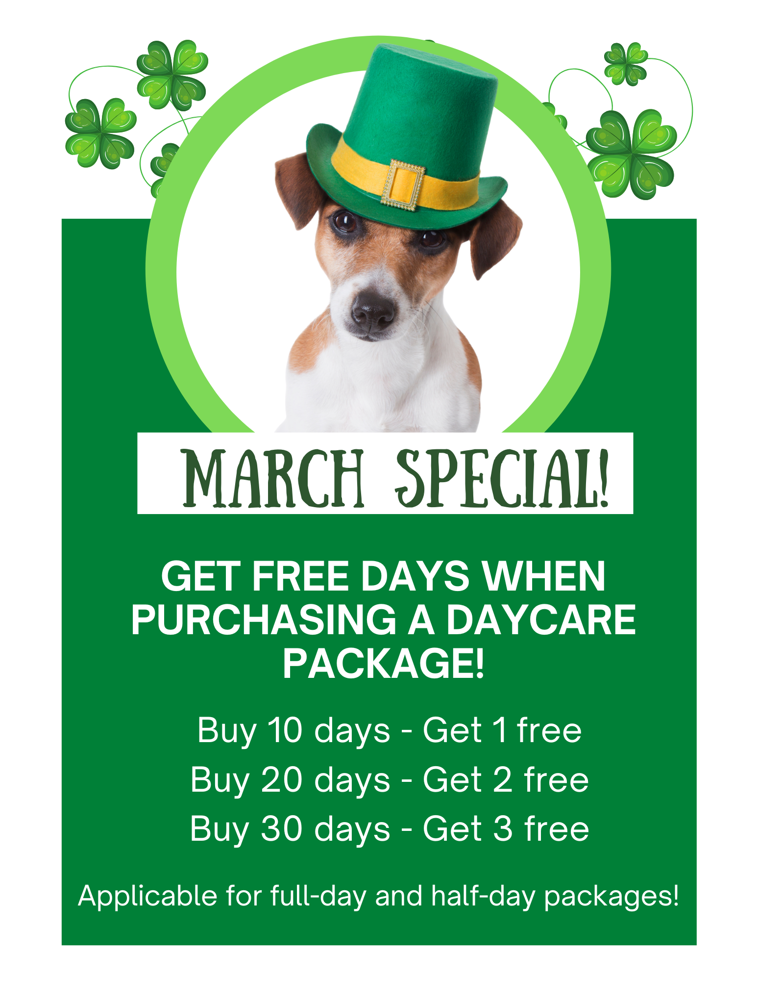 Dog Den March special: get free days when purchasing a dog daycare package, buy 10 get 1 free