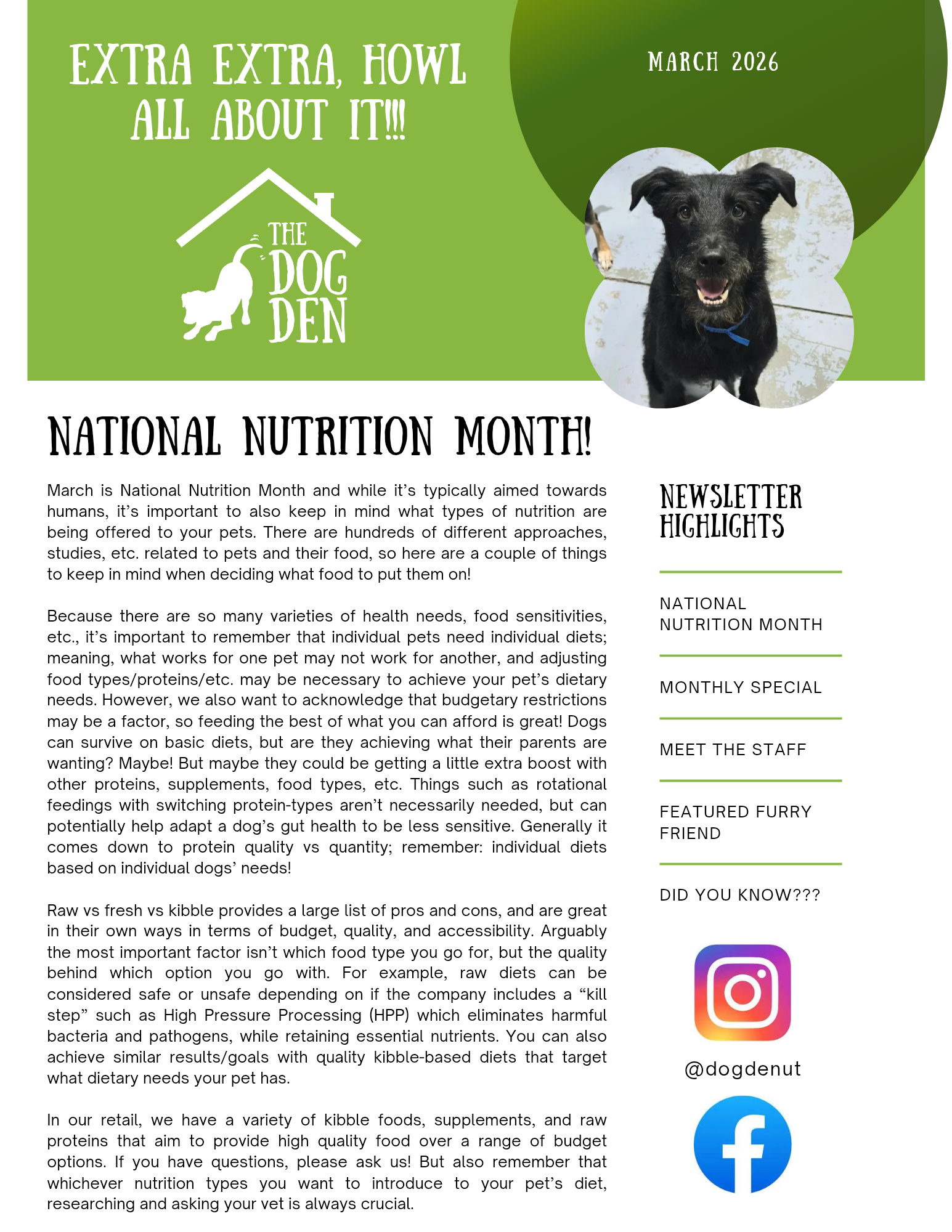 March 2026 Dog Den newsletter page 1: National Nutrition Month for pets